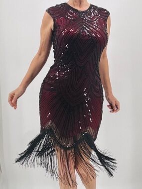 Fundaisy Roaring 20s Great Gatsby Art Deco Sequin Fringe Costume Flapper Dress